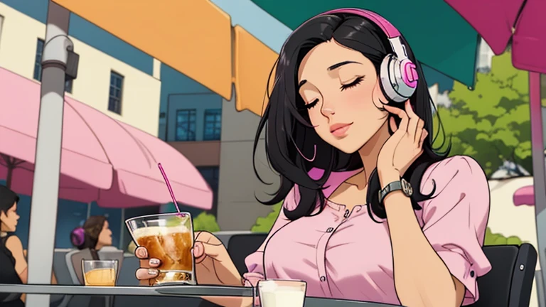 Beautiful woman in her up 30s with black hair is sitting with headphones on the cafe terrace. Looking down, eyes closed, LOFI girl, alone in the room, pink blouse, relaxing mood, cozy, only five fingers, new york, colorful, Well-proportioned face, Beautiful human female fingers