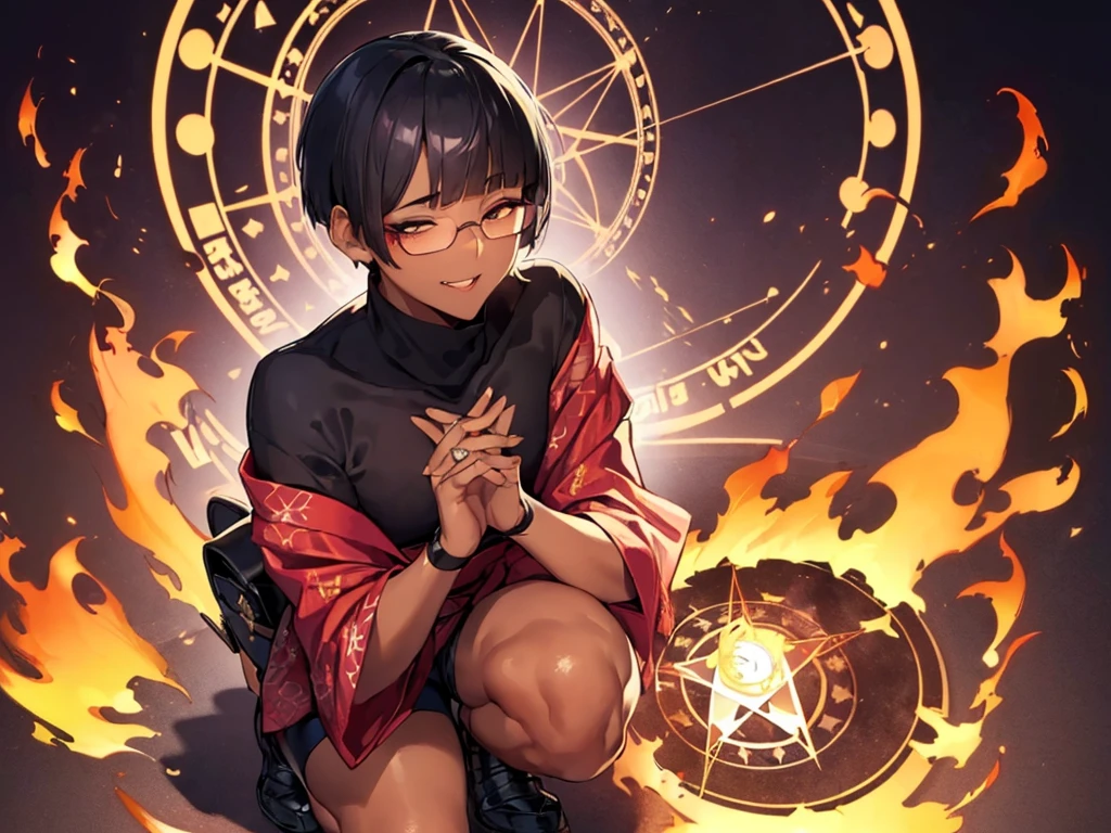 (flat chest:), (masterpiece:1.2), highest quality, High resolution, unity 8k wallpaper, (fine and beautiful eyes:1.6), highly detailed face, perfect lighting, Detailed CG, (perfect hands, perfect ), (1 boy solo:1.4), 20 years old, black hair, extremely beautiful detailfeminine face and eyes, (evil smile:1.4), detailed eyes, best quality,( dark skin:1.8), (turtleneck shirt under yukata:1.2), (bike shorts:1.2), extremely detailed, very precise detailed, (glasses:1.3), blunt bangs, open mouth, (very short pixie cut:1.2), boots,fingerless gloves, smile, (half closed eyes:1.5),(burning fire background:1.3), ,(squat in magic circle on ground:1.1) ,night sky,long sidelocks,(long red Scarf),(yukata),(squatting),(acrobat pose:1.3),(squat:1.3),leaning forward,(one knee dwon:1.5),(Put one foot in front:1.3),(stylish pose:1.4),(Raise only index finger:1.1),(Joining hands:1.5),(retro artstyle:1.2), (1990s \(style\)),(magic circle on ground:1.3),(from above:1.2)