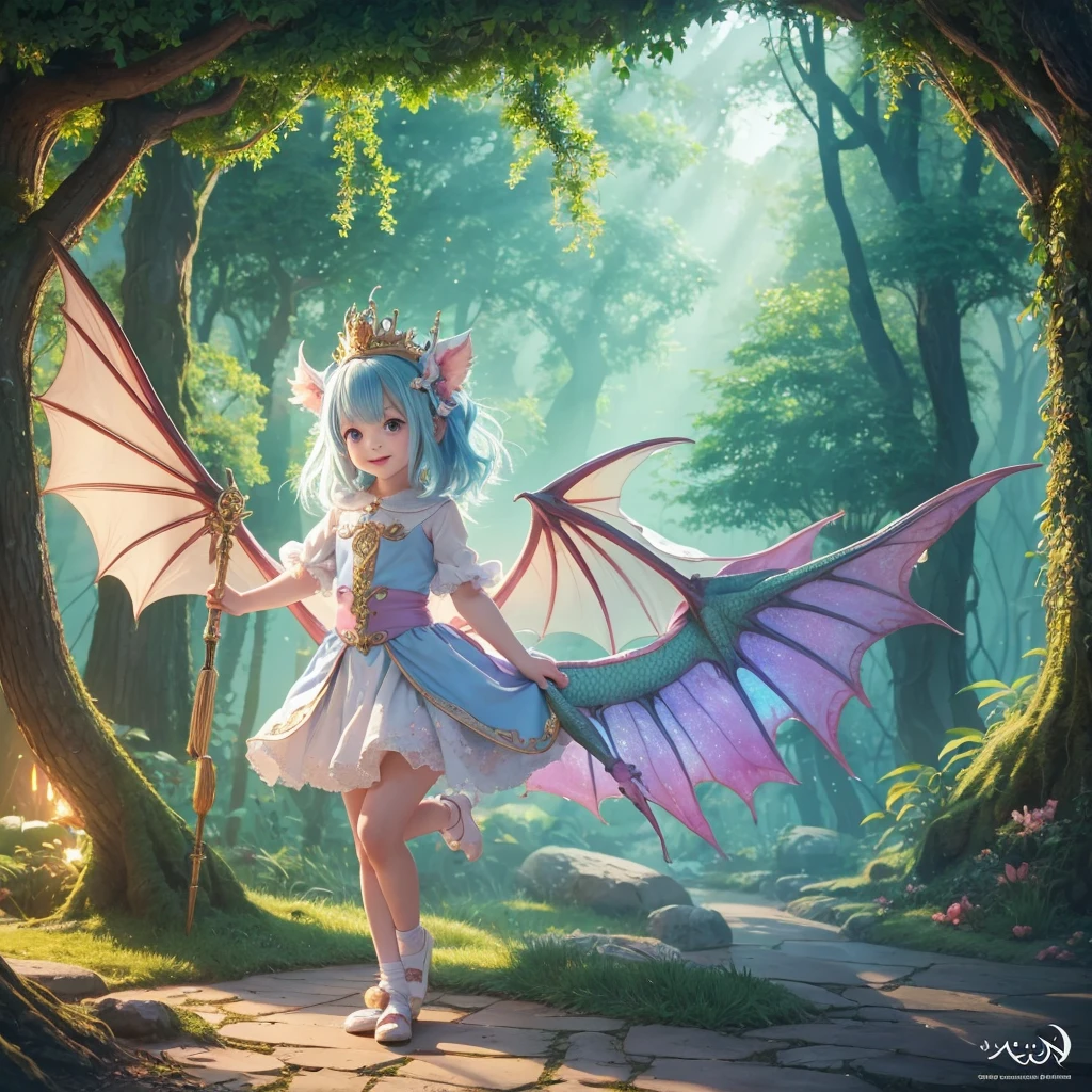 Create an original, cute "yuru-chara" mascot character with a fantasy theme. The character should be a small, round dragon with pastel-colored scales and tiny, delicate wings. The dragon has big, round eyes with a mischievous sparkle and a small, playful smile. It wears a tiny wizard hat and holds a magic wand. The character's overall appearance is whimsical and enchanting, appealing to children and adults alike. The background should be a simple, enchanted forest setting, emphasizing the dragon's magical nature.