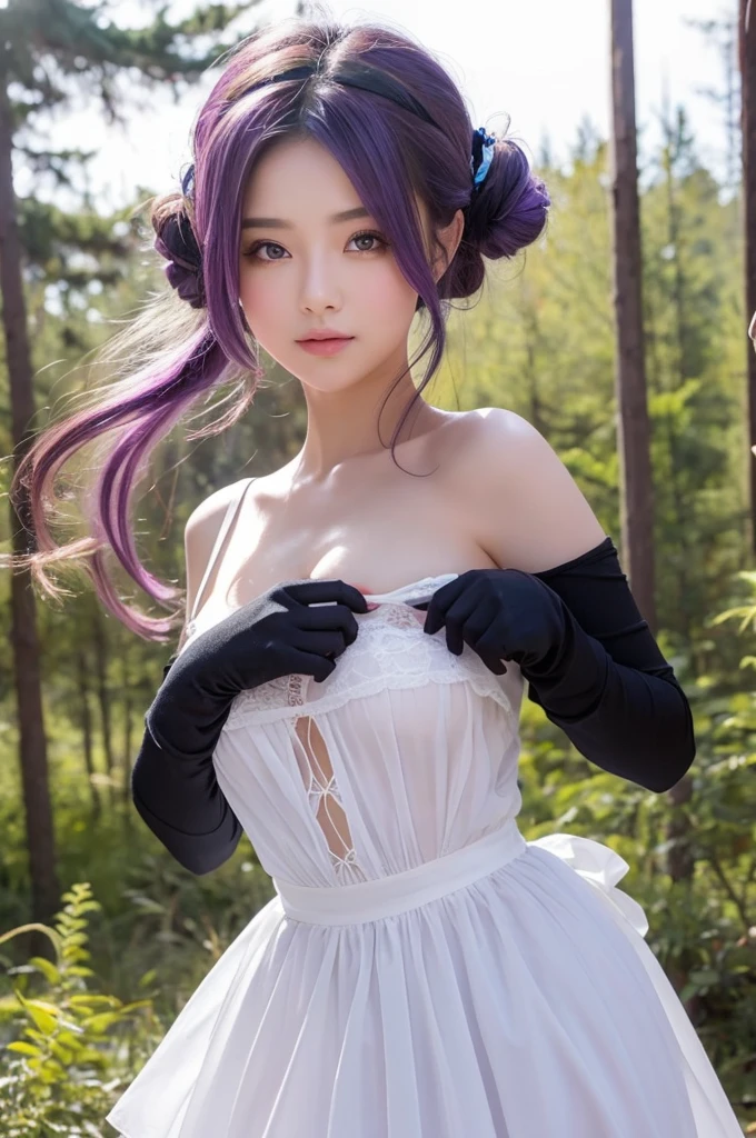 （raining day：1 bun lady，Purple hair combed into a bun, Kneeling pose）， tmasterpiece， best qualtiy， RAW photogr， realisticlying， the face， Incredibly Ridiculous res， Beautiful elf beauty， ear studs，Get wet all over， (Light purple ultra-short hair，hair-bun)， black formal，tiese，(black lence stockings)，(Barefoot，jade foot)，depth of fields， A high resolution， ultra - detailed， filigree， RAWE is very detailed， very detailed eyes and faces， Sharp pupils， realistic pupil， tack sharp focus， cinmatic lighting，full bodyesbian，Bigboobs，long leges，From the front side，Main street on a rainy day，dynamicposes