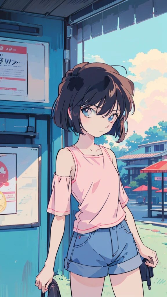 anime style, (1girl in, Solo:1.0), (Haibara Ai), ((Short pants)), (((Big eyes))), (Cute anime girl head), (flat ),looking at viewer,With a height of 100cm, shoot from front, (head shot), Simple line minimalism, Abstract Art, City background, anime opening movie