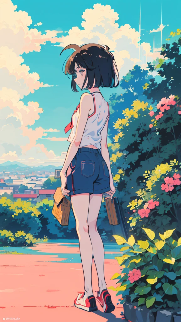 anime style, (1girl in, Solo:1.0), (Haibara Ai), ((Short pants)), (((Big eyes))), (Cute anime girl head), (flat chest),looking at viewer,With a height of 100cm, shoot from front, (head shot), Simple line minimalism, Abstract Art, City background, anime opening movie