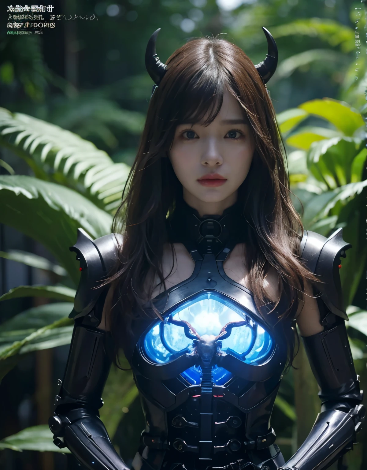 (1 Mechanical Girl)、top quality、masterpiece、Super high resolution、(realistic:1.4)、raw photo、1 girl、Fight Mutants、shiny skin、(((1 Mechanical Girl)))、With a beautiful knife、(green metal bodysuit)、(fight gobling、Ogre、Fierce battles with orcs),(Fight fiercely against aliens)、Fight fiercely、(beautiful forest background)、(Fight against demonic beasts)、(Compact LEDs)、((매우 realistic 디테일))、portlate、(powerful giant demon beast background),world lights、shadow、octane render、8K、very sharp、giant 、Raw skin is exposed to cleavage.、rail、Details of intricate ornaments、Japan Details、very intricate details、realistic light、(mystical expression),CG soation trend、blue eyes、shining eyes、towards the camera、neon details、(mechanical limbs)、(blood vessels connected to tubes)、A mechanical spine attached to the back、Cervical spine mechanically attached to the neck、(Wires and cables connected to the head)、Gundam、Compact LEDs、,mechanical thighs、Two-Stock、(Hands were also made by machines)、(Attack of the Monster Beast)、(be injured in fierce battle)、