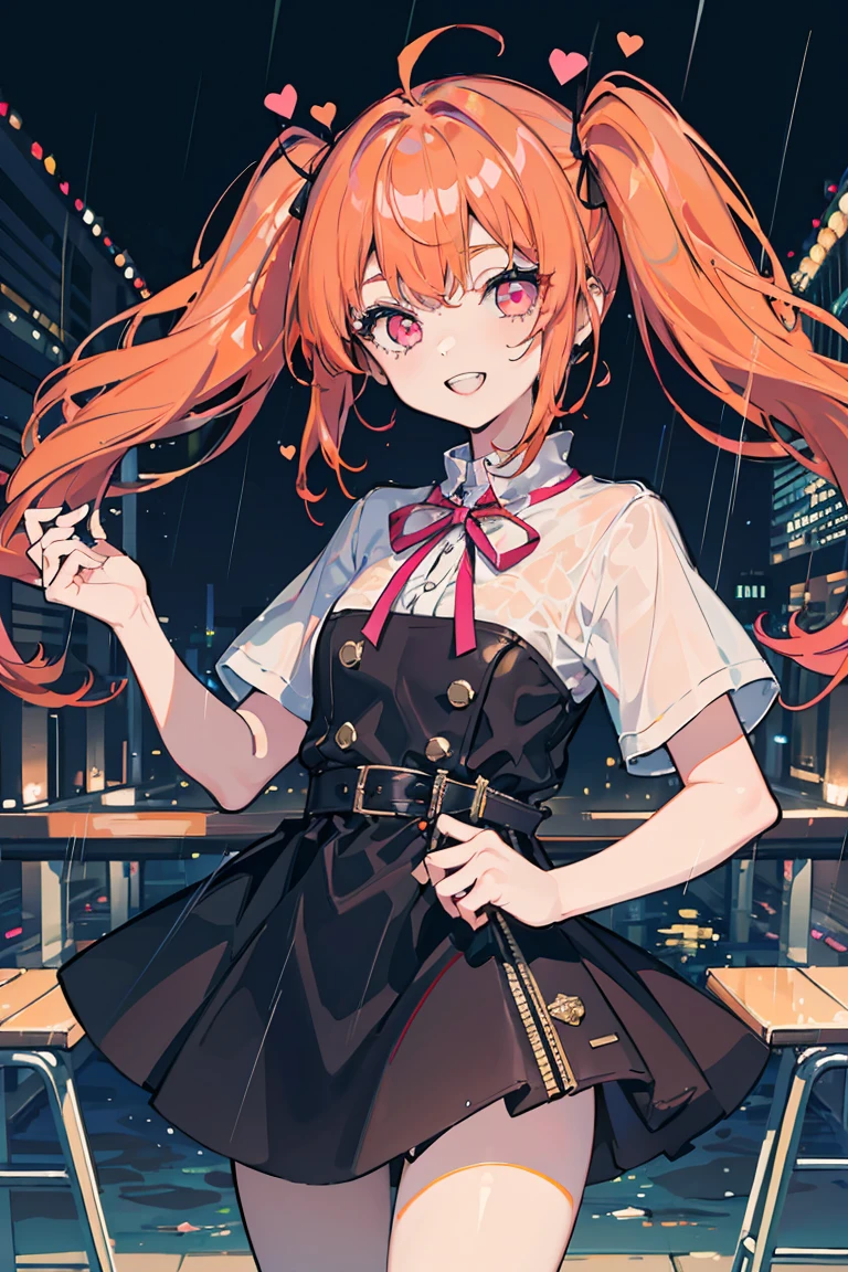 1 Girl, , (storm,heavy rain,bad weather),Watery eye, Grit your teeth, Panic look, Colorful clothes, Orange Hair, Long Hair, Twin tails, Bright smile, ribbon, Jump,Pink Eyes, ((Heart Eyes)),stage, Pale background,16 years old, Colorful Hair, Messy Hair, tonality, Romanticism, modern art, Impressionism, reflected light, 8K, masterpiece, Advanced Details, Highest quality, Accurate