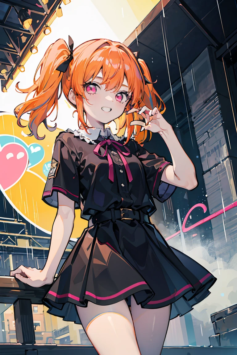 1 Girl, , (storm,heavy rain,bad weather),Watery eye, Grit your teeth, Panic look, Colorful clothes, Orange Hair, Long Hair, Twin tails, Bright smile, ribbon, Jump,Pink Eyes, ((Heart Eyes)),stage, Pale background,16 years old, Colorful Hair, Messy Hair, tonality, Romanticism, modern art, Impressionism, reflected light, 8K, masterpiece, Advanced Details, Highest quality, Accurate