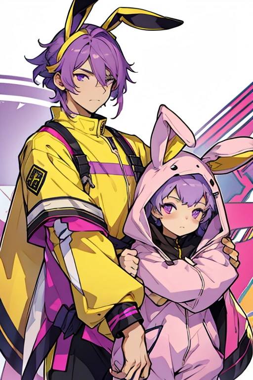 Young man purple hair pink eyes wearing yellow costume