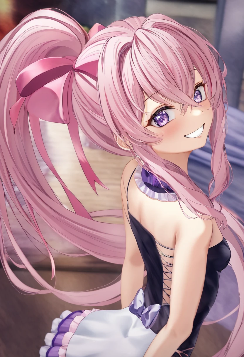 (((masterpiece)))(((Highest quality)))(((8K)))(((4K)))One 、10 years olair、Having a lot of hair(Pink Hair)Pink high ponytail、Ribbon on head、Crossed bangs、Light purple eyes、Squint your eyes、((Smile with your mouth closed))、(((Cute Mini Dresses)))、Small breasts, from behind、turn around、Upper Body、Anime Style