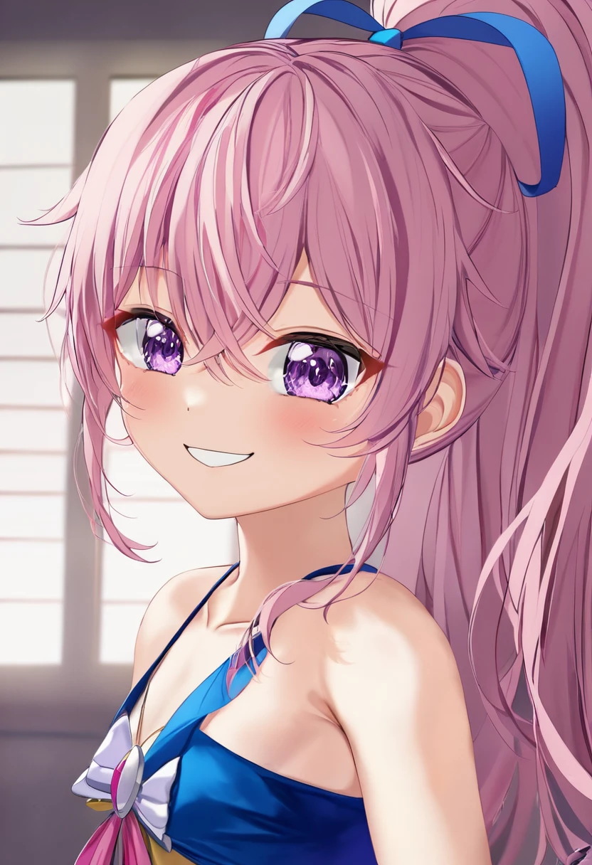 (((masterpiece)))(((Highest quality)))(((8K)))(((4K)))One 、10 years olair、Having a lot of hair(Pink Hair)Pink high ponytail、Ribbon on head、Crossed bangs、Light purple eyes、Squint your eyes、((Smile with your mouth closed))、(((Cute Mini Dresses)))、Small breasts, from behind、turn around、Upper Body、Anime Style