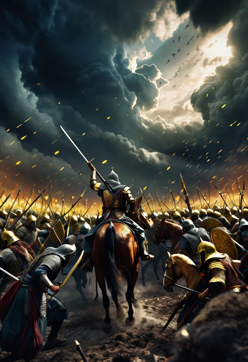 a epic battle between the small Islamic army and a large opposing army, highly detailed warriors, detailed weapons, intense combat, stormy clouds, dramatic lighting, golden armors, fearsome expressions, cinematic composition, dark fantasy art, dramatic colors