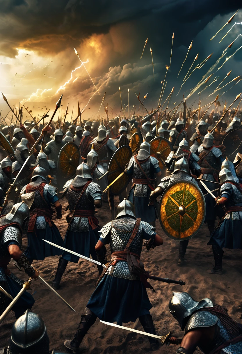 a epic battle between the small Islamic army and a large opposing army, highly detailed warriors, detailed weapons, intense combat, stormy clouds, dramatic lighting, golden armors, fearsome expressions, cinematic composition, dark fantasy art, dramatic colors