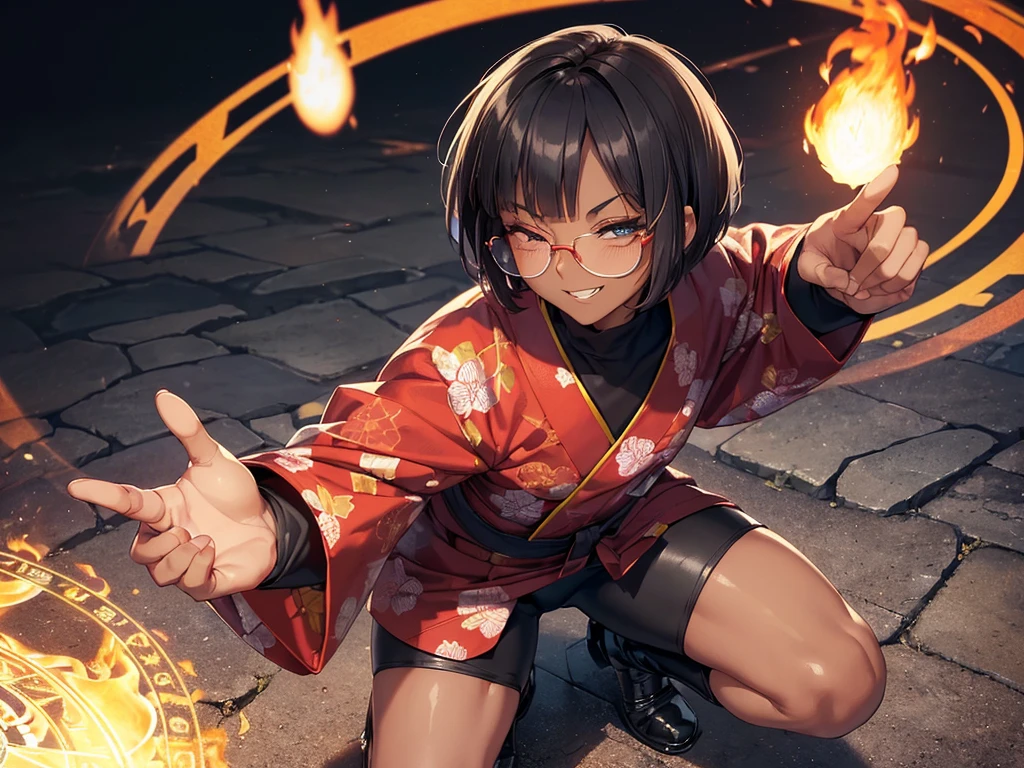 (flat :), (masterpiece:1.2), highest quality, High resolution, unity 8k wallpaper, (fine and beautiful eyes:1.6), highly detailed face, perfect lighting, Detailed CG, (perfect hands, perfect ), (1 boy solo:1.4), 20 years old, black hair, extremely beautiful detailfeminine face and eyes, (evil smile:1.4), detailed eyes, best quality,( dark skin:1.8), (turtleneck shirt under yukata:1.2), (bike shorts:1.2), extremely detailed, very precise detailed, (glasses:1.3), blunt bangs, open mouth, (very short pixie cut:1.2), boots,fingerless gloves, smile, (half closed eyes:1.5),(burning fire background:1.3), ,(squat in magic circle on ground:1.1) ,night sky,long sidelocks,(long red Scarf),(yukata),(squatting),(acrobat pose:1.3),(squat:1.3),leaning forward,(one knee dwon:1.5),(Put one foot in front:1.3),(stylish pose:1.4),(Raise only index finger:1.1),(Joining hands:1.5),(retro artstyle:1.2), (1990s \(style\)),(magic circle on ground:1.3),(from above:1.2)