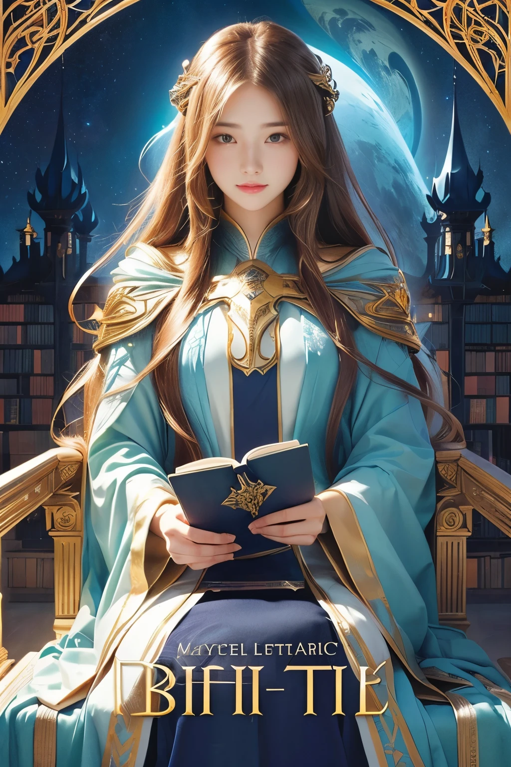 Girl with long hair holding a book in hands, Infinite Celestial Library, great view, Epic Light Novel Art Cover, Magic realism and dark fantasy, A throne lies in a fantasy land