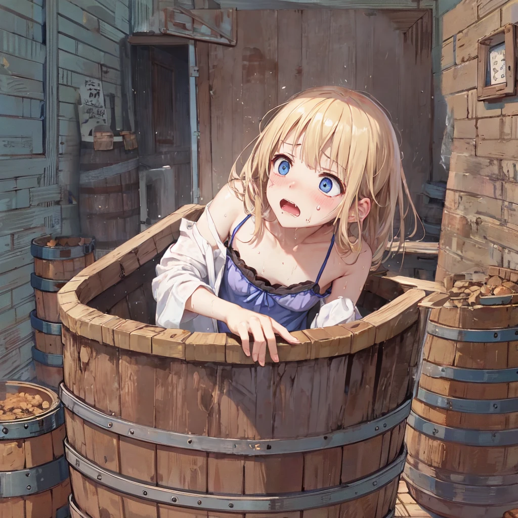 Looking away、camisole、Unstable thoughts、Desire to dominate, Popping out from inside the barrel、Heavy breathing、Lots of sweat、surprise、Surprised face