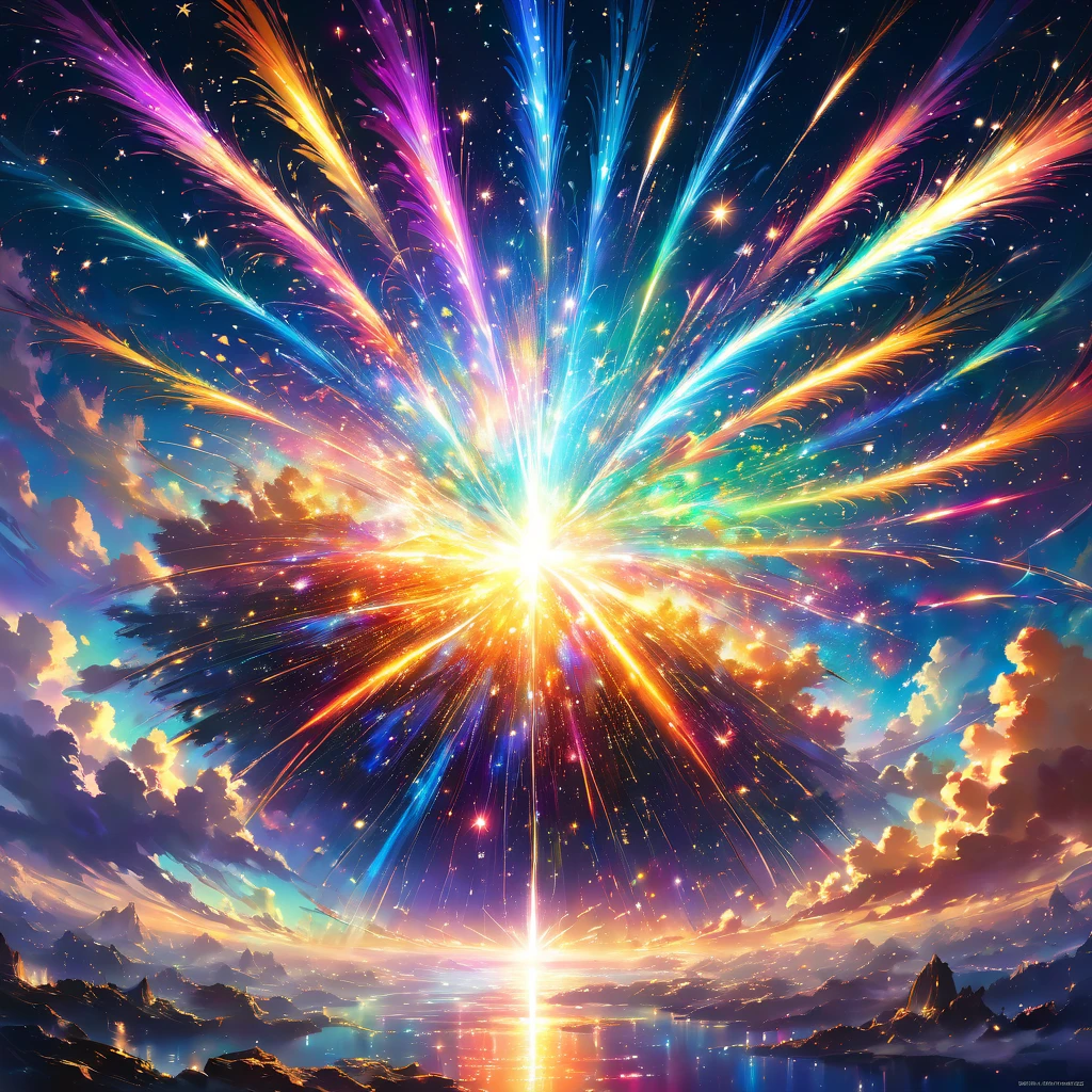 A colossal firework explodes in a swirling nebula of iridescent colors, its form an abstract dance of light and energy. The firework's tendrils twist and turn, creating impossible geometric patterns that shimmer and pulse against the backdrop of a thousand shimmering stars. Distant planets, bathed in the glow of the explosion, appear as colorful orbs scattered across the canvas. The overall effect is both chaotic and beautiful, a testament to the boundless possibilities of imagination.
beautiful anime scenery, landscape painting, beautiful digital painting, andreas rocha, illustration of beautiful artwork, amazing wallpaper, raymond swanland, tall beautiful painting, studio ghibli makoto shinkai, beautiful wallpaper, anime scenery
Surreal, dreamlike, abstract, vibrant, glowing, ethereal, cosmic, magical