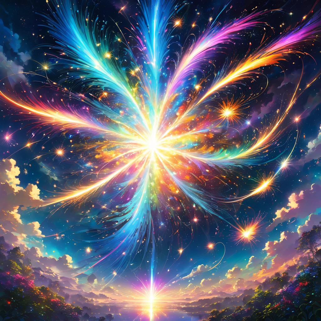 A colossal firework explodes in a swirling nebula of iridescent colors, its form an abstract dance of light and energy. The firework's tendrils twist and turn, creating impossible geometric patterns that shimmer and pulse against the backdrop of a thousand shimmering stars. Distant planets, bathed in the glow of the explosion, appear as colorful orbs scattered across the canvas. The overall effect is both chaotic and beautiful, a testament to the boundless possibilities of imagination.
beautiful anime scenery, landscape painting, beautiful digital painting, andreas rocha, illustration of beautiful artwork, amazing wallpaper, raymond swanland, tall beautiful painting, studio ghibli makoto shinkai, beautiful wallpaper, anime scenery
Surreal, dreamlike, abstract, vibrant, glowing, ethereal, cosmic, magical