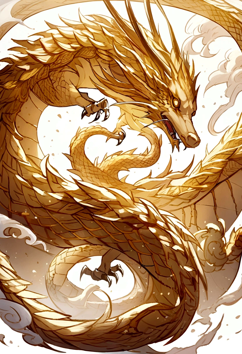 logo、masterpiece、(White background:1)、Golden Chinese dragon surrounded by white clouds、god々々Hello、Wind、god々、Long undulating body、tooth、Upper body、Fantasy、god話、high quality、Very detailed、masterpiece、narrative poem、particles effect、Dynamic Effects