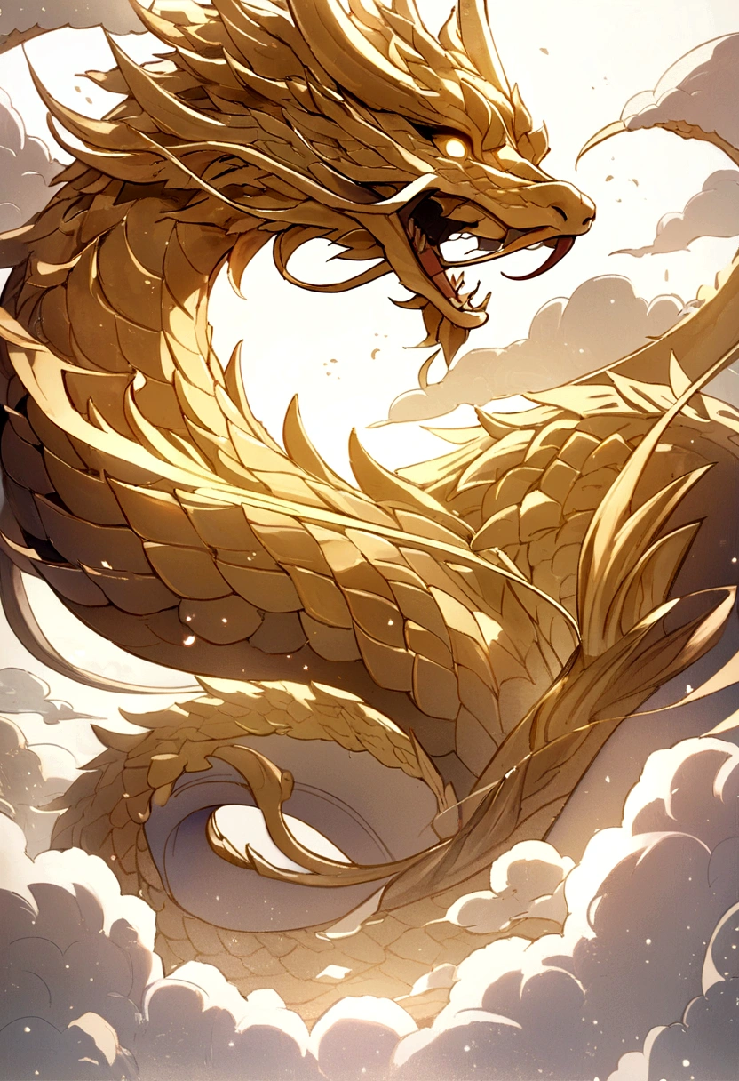 logo、masterpiece、(White background:1)、Golden Chinese dragon surrounded by white clouds、god々々Hello、Wind、god々、Long undulating body、tooth、Upper body、Fantasy、god話、high quality、Very detailed、masterpiece、narrative poem、particles effect、Dynamic Effects