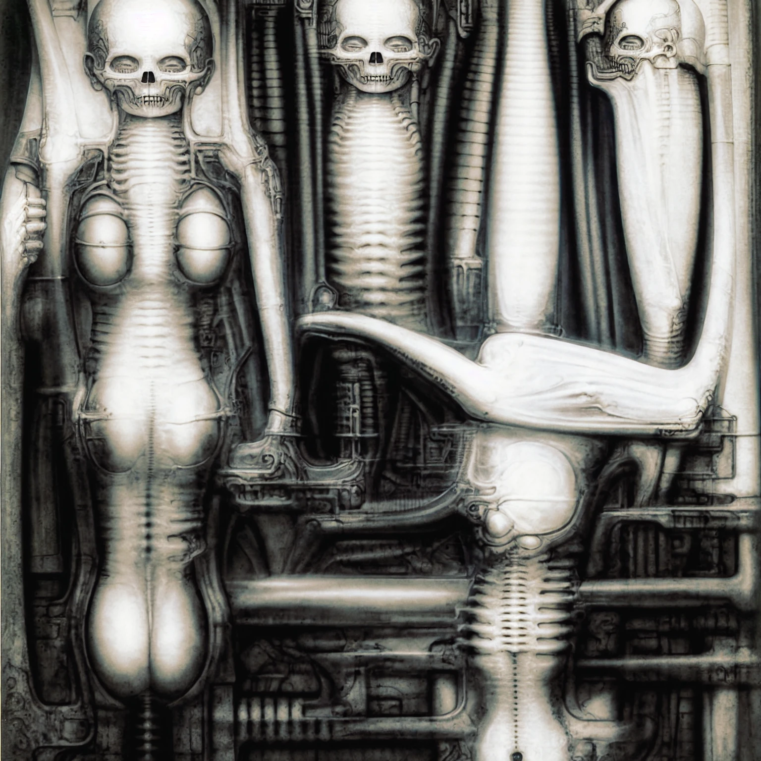 Create biomechanical tableau with some of the artistic techniques and compositional features used in /“Newyorkcity XXIV/” by h r (Hans Rudie) giger:
The painting is composed around a central focus of bone-like celestial formations and tectonic weathering structures with a phallic spine. This central form is the most detailed and brightly lit part of the painting, and it draws the viewer's eye in.The central focus is emphasized by the use of light and shadow. The light source is coming from the top left of the painting, and it casts a bright spotlight on the scene.
Biomorphic forms: The biomechanical forms in the painting are inspired by biological organisms, but they are also machine-like. These forms create a sense of unease and discomfort, as they blur the line between the natural and the artificial
. The image is highly detailed and intricate, uses, with transparent organs and bones exposed). The piece has a thick mechano-organic texture and is covered in fine details. The image has a swirling, organic quality to it. The artistic manner would be unmistakably Gigeresque. A dark and unsettling beauty would permeate the piece, blurring the lines between fascination and repulsion , forever haunted by the grotesque allure. Giger's signature artistic manner would be evident in every stroke. The airbrush would be wielded with masterful precision to create a hyperrealistic yet nightmarish aesthetic.,hrgiger,H.G. Giger Style, Biomechanics,HRGigerArhP style
high contrast studio lighting, creepy, wet, shiny, hyper realism