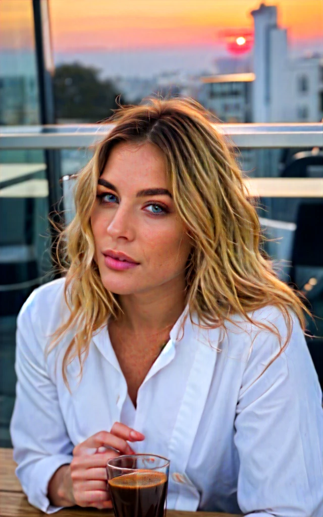 belle blonde portant un pull rose (Sip coffee in a modern café at sunset), very detailed, 31 ans, visage triste, natural wavy hair, yeux bleus, high resolution, chef-d'ouvrages d'art, best quality, intricate details, very detailed, acuity, detailed skin, Realistic skin texture, texture, detailed eyes, professionnel, 4k, sourire charmant, prise avec Canon, 85mm, faible profondeur de champ, couleur de vision kodak, perfectly fitted body, Extremely detailed, photo_\(Ultra\), photoRealistic, Realistic, Post-traitement, maximum detail, roughness, vrai vie, Ultra Realistic, photorealism, la photographie, 8k euh, la photographie
