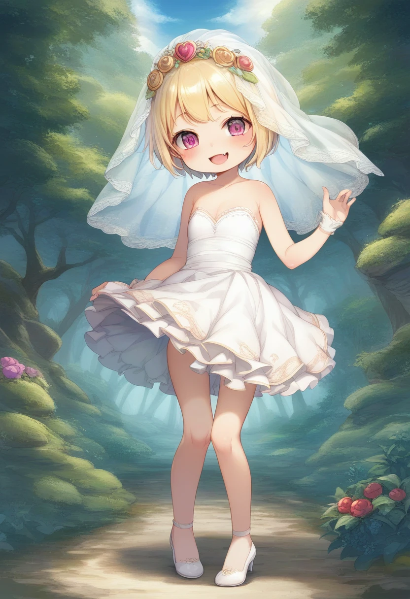 score_9, score_7_up, score_6_up, 1girl, source_cartoon, source_anime,breathtalking Scenery,watercolor,smooth soft skin, natural skin,
BREAK
(little female child:1.8), (:1.8), 4 yeoli toddler:1.lat chest,baby face,oily skin, ultra cute face, happy smile,beautiful eyes, detailed eyes,
BREAK
(short blond hair:1.6) messy hair,(fang:1.1), (pink eyes:1.1), highlight on eyes, antenna hair,double tooth,(blond hair:1.1),
BREAK
(empire-Line wedding dress:1.1),(silk veil:1.3),high heel,silk cape,
BREAK
In a secluded setting, surrounded by a dense forest, the bog lay hidden like a secret gem, its misty surface whispering tales of ancient times,dynamicangle,dynamicpose,action,