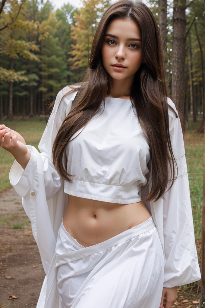 Beautiful brunette woman with long hair dressed in a white rubashka , perfect figure, very beautiful, beautiful face and eyes, realistic on the background of nature