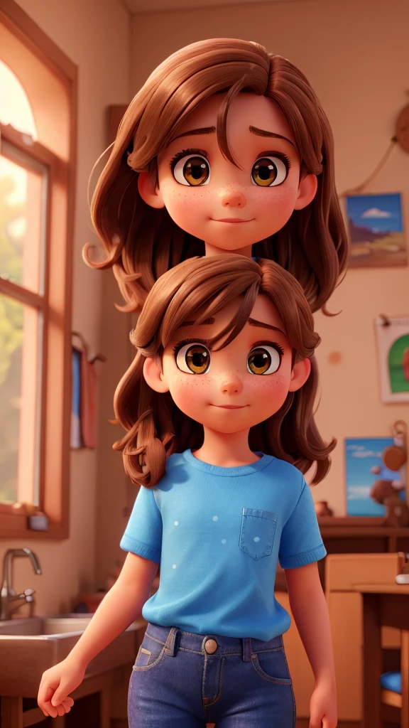 a 7  girl with medium length brown hair in a hairclip, brown eyes, wearing blue jeans, red sneakers and a red shirt, intelligent and adventurous, (best quality,4k,8k,highres,masterpiece:1.2),ultra-detailed,(realistic,photorealistic,photo-realistic:1.37),detailed facial features, beautiful face, intricate details, dynamic pose, vibrant colors, natural lighting, warm color palette, cinematic composition