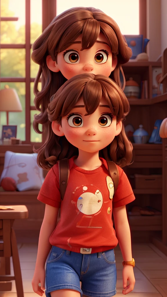 a 7 girl with medium length brown hair in a hairclip, brown eyes, wearing blue jeans, red sneakers and a red shirt, intelligent and adventurous, (best quality,4k,8k,highres,masterpiece:1.2),ultra-detailed,(realistic,photorealistic,photo-realistic:1.37),detailed facial features, beautiful face, intricate details, dynamic pose, vibrant colors, natural lighting, warm color palette, cinematic composition