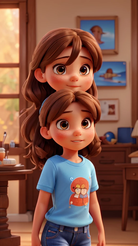 a 7 year old girl with medium length brown hair in a hairclip, brown eyes, wearing blue jeans, red sneakers and a red shirt, intelligent and adventurous, (best quality,4k,8k,highres,masterpiece:1.2),ultra-detailed,(realistic,photorealistic,photo-realistic:1.37),detailed facial features, beautiful face, intricate details, dynamic pose, vibrant colors, natural lighting, warm color palette, cinematic composition