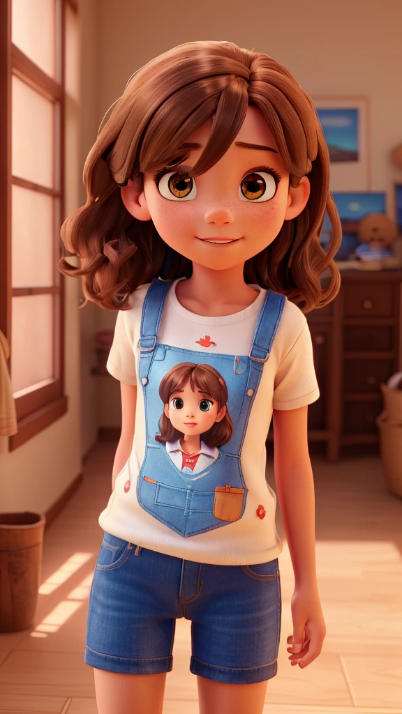 a 7 year old girl with medium length brown hair in a hairclip, brown eyes, wearing blue jeans, red sneakers and a red shirt, intelligent and adventurous, (best quality,4k,8k,highres,masterpiece:1.2),ultra-detailed,(realistic,photorealistic,photo-realistic:1.37),detailed facial features, beautiful face, intricate details, dynamic pose, vibrant colors, natural lighting, warm color palette, cinematic composition