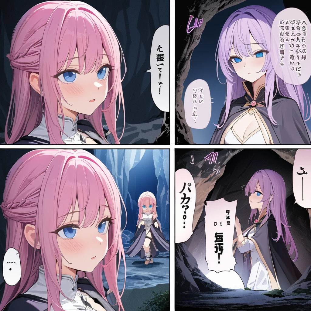 ((highest quality)), ((masterpiece)), (detailed)), 1 Blue eye purple hair woman in a cave comic ebook storyboard 8k HD Three HQ panels Speech expression Looking at a witch with pink hair and blue eyes in a cave