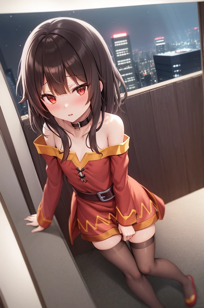 Megumin, One girl,alone,Short and long hair,Brown Hair,Red Eyes,Small ,clavicle,Red dress,Gold border,Black choker,,Bandage on leg,Hotel Rooms,Standing by the window,Night view of skyscrapers,Orange lighting,Top view,