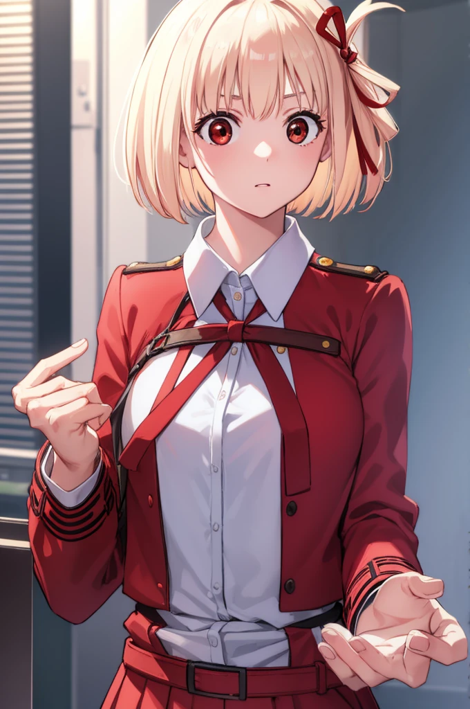 chisatonishikigi, nishikigi chisato, short hair, bangs, blonde hair, (red eyes:1.5), hair ribbon, one side up, bob cut,
BREAK shirt, long sleeves, dress, ribbon, white shirt, collared shirt, belt, neck ribbon, red dress, blue ribbon, pleated dress, grey dress, two-tone dress, red belt, lycoris uniform,,
BREAK outdoors, city,
BREAK looking at viewer, BREAK (masterpiece:1.2), best quality, high resolution, unity 8k wallpaper, (illustration:0.8), (beautiful detailed eyes:1.6), extremely detailed face, perfect lighting, extremely detailed CG, (perfect hands, perfect anatomy),