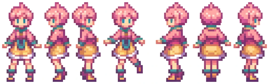 the very same person character chips , masterpiece ,  6 poses (put out one's left foot , put out one's right foot , 2 front-facing poses , 2 back poses),best quality , pixel , pixel art , xiangsu , xiang su , sequence frames  ,  walking , 1 girl , fantasy clothes , full body , white background , heroine , deformed , sexy , chibi  , Highly  , pink clothes , pink hair , walking frame