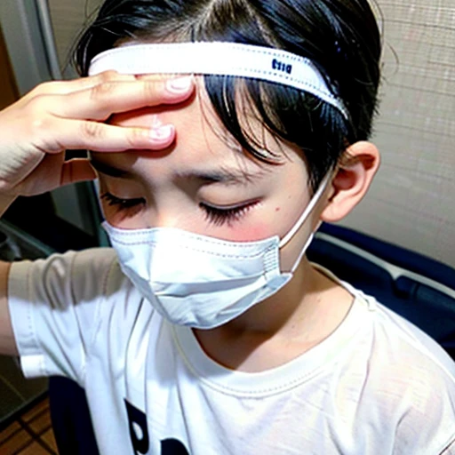 Handsome kindergarten boy with infectious disease、Appearance of suffering. He is wearing a white mask. He has a high fever. he is sleeping. He has a cough. He is exhausted. He is taking his temperature with a thermometer. He is dying. He is cooling his forehead with a cooling gel sheet..Are crying