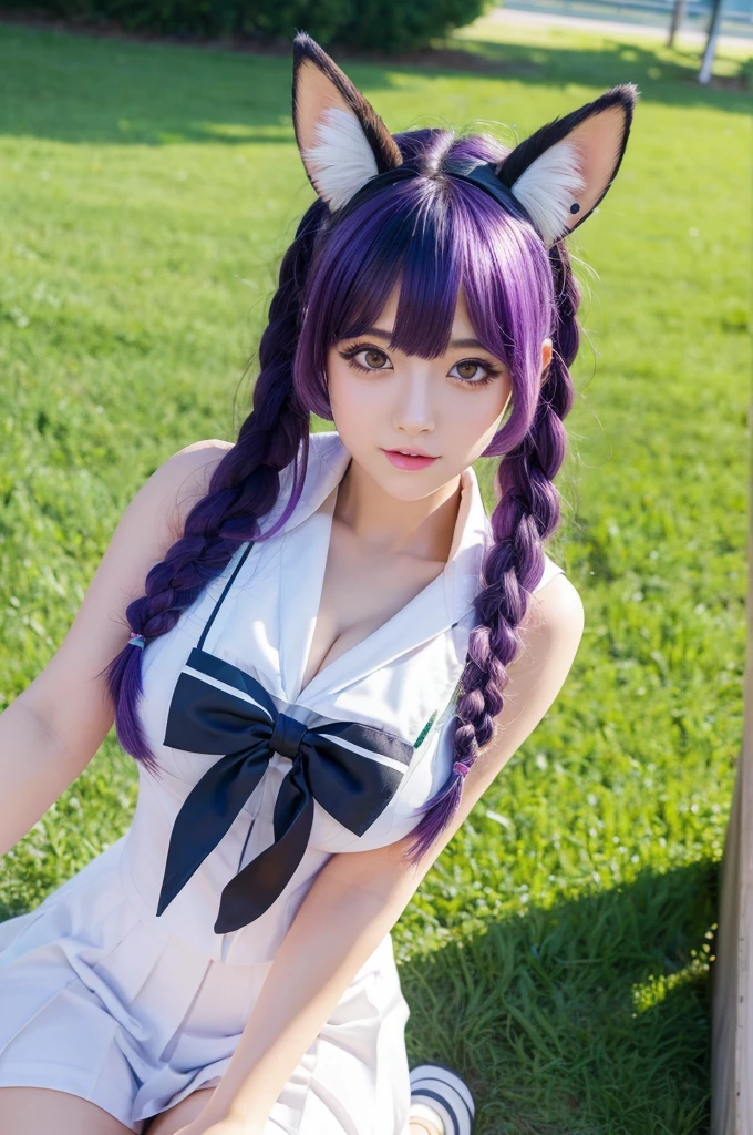 arafed woman with purple hair and white top posing for a picture, white and purple, anime girl cosplay, twintails white_gloves, skydoll noa, purple eyes and white dress, purple body, ahegao, purple aethetic, very aesthetic!!!!!!, cosplay, anime cosplay, seductive anime girl, ayaka cosplay, belle delphine