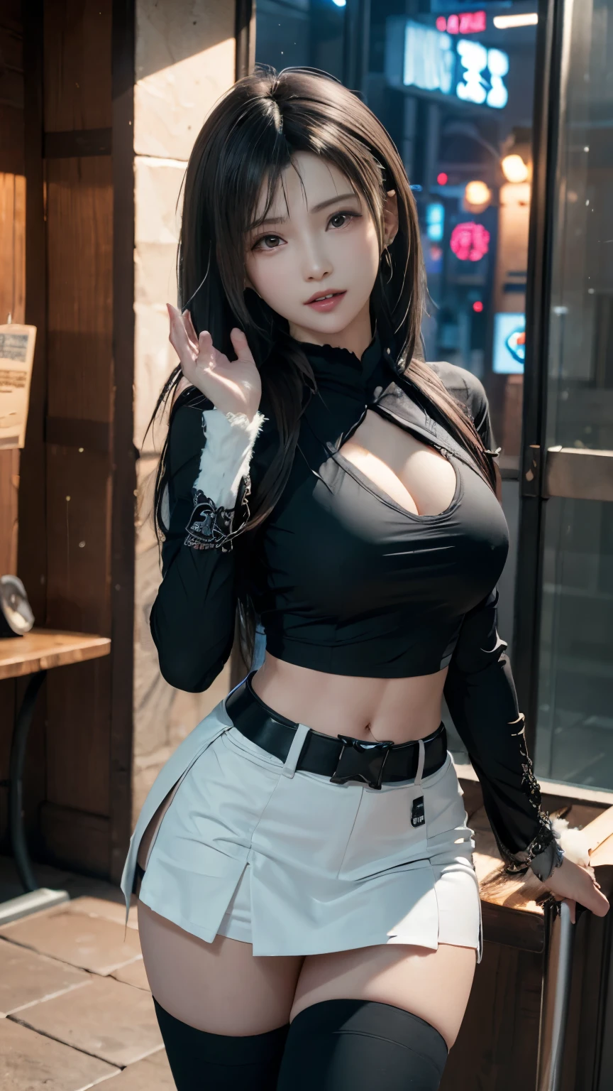 8K resolution, masterpiece, Highest quality, Award-winning works, unrealistic, tifa lockhart, 20-year-old, sexy office lady, (black long hair:1.3), beautiful Perfect Face, Soft Skin, Perfect Face, Yasutomo Oka's painting style, 165cm tall, Three sizes are 92/60/88, (black long sleeve uit:1.8), white silk camisole, deep Cleavage, black long slacks, black garter belts, knee high socks, black pumps, details, Splash screen,Sharp eyes, crystal blue eyes, pink lips, BREAK, White Silver, dynamic sexy poses, Sweat, Strong winds, standing alone on station platform, waiting for train coming, Roppongi Japan