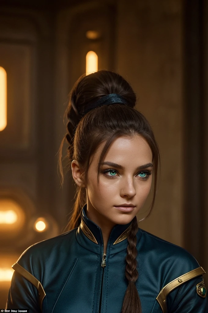 The Star is 25 years old, born on Mars, she is a stellar navigator, and her body type is dragon, She wears a dark blue jumpsuit, black combat boots , russet hair,long and tied in a ponytail, and her physiognomy is: a thin face, brown skin, and she has heterochromia (one brown and one green eye ). She has some dragon characteristics