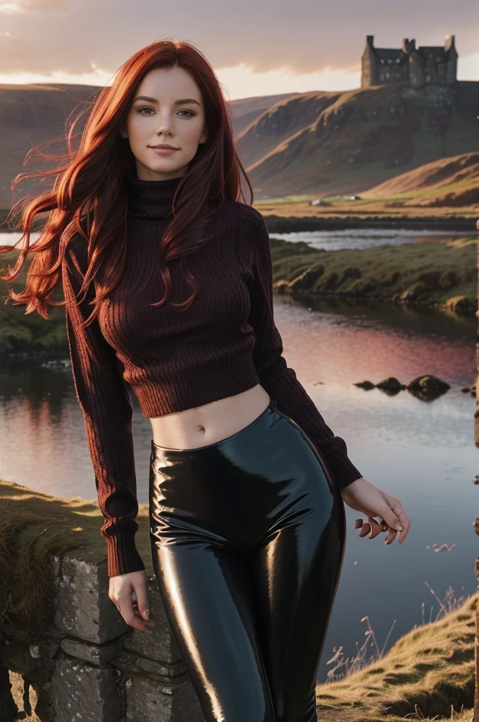 a gorgeous European woman, wavy crimson red hair in the wind. she's a men magazine model, She has a subtle smile and flirts with the camera, (she wears leather shirt), (with a long wool sweater and pvc leggings:1.2),background landscape of Scotland Loch and Scottish castle ruins, (in sunset light:1.2), 