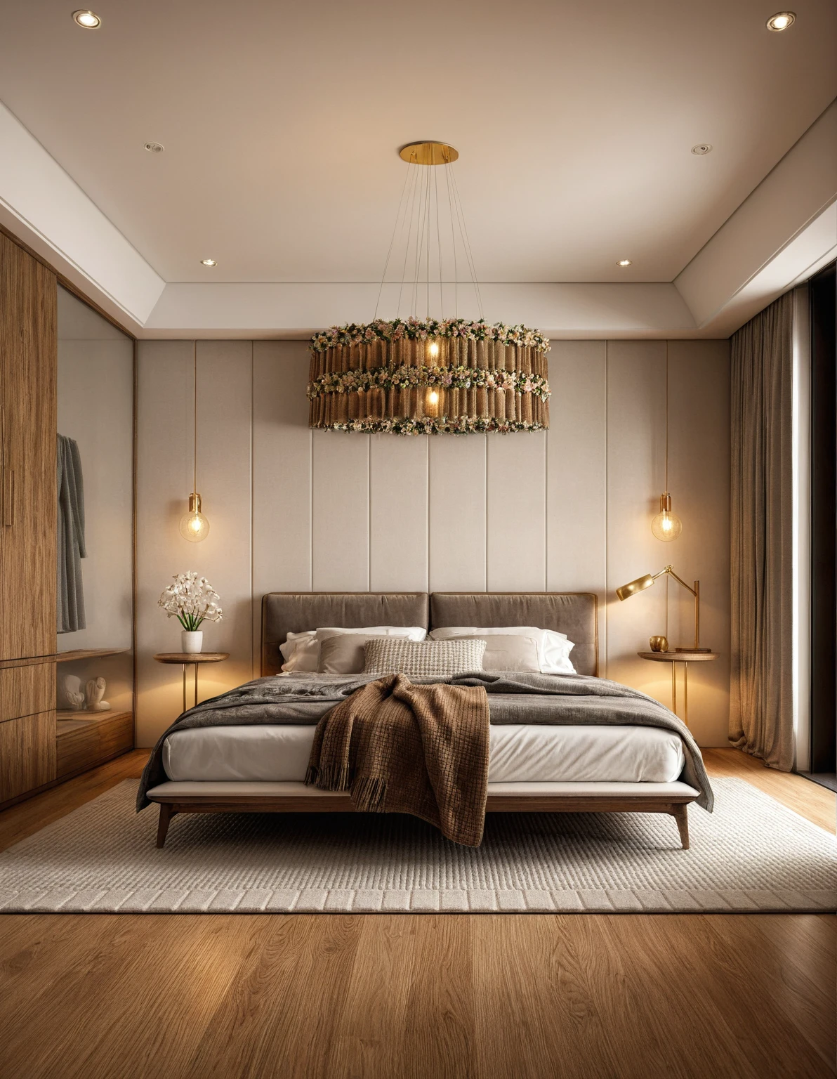 Raw photo,Masterpiece, high quality, best quality, authentic, super detail, interior, indoors, ((bedroom style modern luxury)), sunset, day light, bed, carpet, bedside cabinets, wood floor ,wardrobe, glass cabinet doors, chandeliers, windows, curtains, downlight, (flower vase)