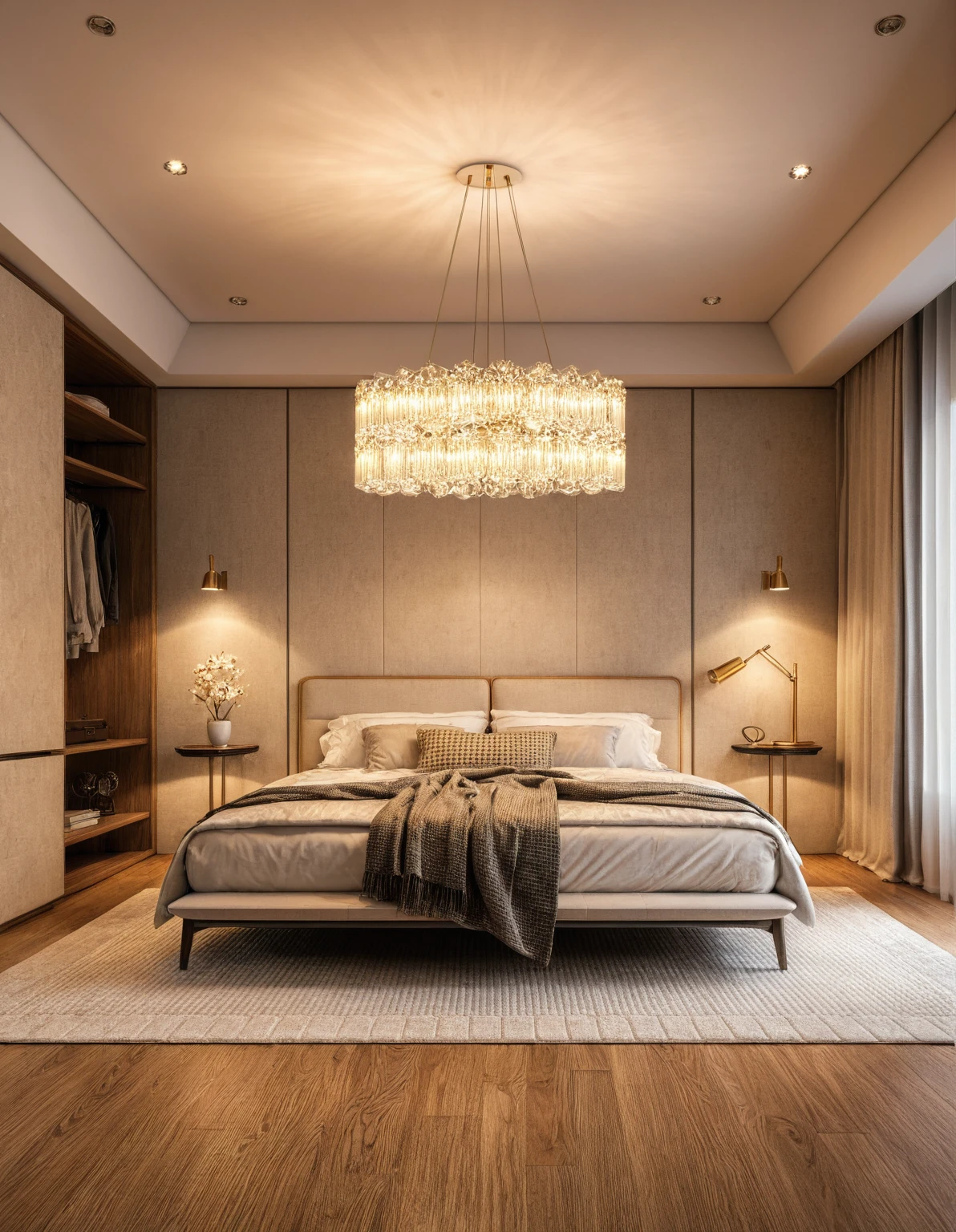 Raw photo,Masterpiece, high quality, best quality, authentic, super detail, interior, indoors, ((bedroom style modern luxury)), sunset, day light, bed, carpet, bedside cabinets, wood floor ,wardrobe, glass cabinet doors, chandeliers, windows, curtains, downlight, (flower vase)