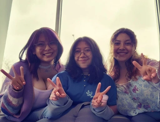 three women sitting on a couch peace signs with their hands, photo taken in 2 0 2 0, profile pic, very very low quality picture, low quality grainy, low quality photo, very grainy, taken in 2 0 2 0, annoying sister vibes, peace sign, low quality photograph, older sister vibes, grainy low quality, childhood friend vibes, threesome, Big , huge , no clothes, sexy, cute, wide hips, thick thighs, pear-shaped body, minimal clothes, thick, bbw, chubby stomach, thick nipples, nipple piercings, large areola, hard nipples, piercing through shirt, nipples hard through shirt, chubby stomach showing, tummy spilling over the side, muffin top, the girls are sexy, large areola showing