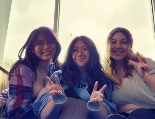 three women sitting on a couch peace signs with their hands, photo taken in 2 0 2 0, profile pic, very very low quality picture, low quality grainy, low quality photo, very grainy, taken in 2 0 2 0, annoying sister vibes, peace sign, low quality photograph, older sister vibes, grainy low quality, childhood friend vibes, threesome, Big , huge , no clothes, sexy, cute, wide hips, thick thighs, pear-shaped body, minimal clothes, thick, bbw, chubby stomach, thick nipples, nipple piercings, large areola, hard nipples, piercing through shirt, nipples hard through shirt, chubby stomach showing, tummy spilling over the side, muffin top, the girls are sexy, large areola showing