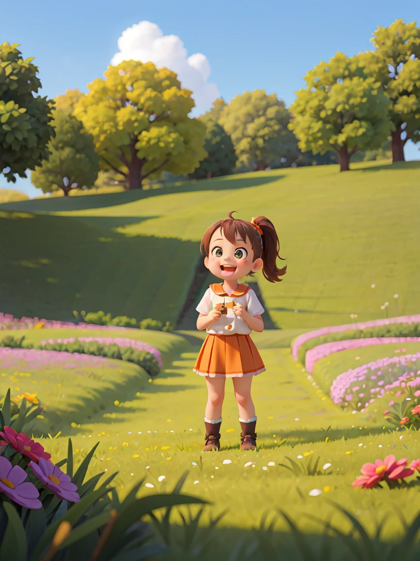A 6 girl,Cute and naughty,Exaggerated actions,Smiling and making faces, Dark Brown Ponytail,Short orange skirt,Standing on a meadow full of flowers,Sunshine on the face,Medium shot,Studio Gippley style,Miyazaki style,2.5D,Game texture,lifelike