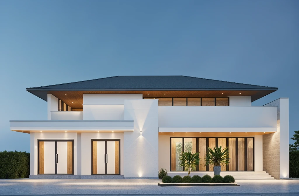 PLATFORM KTHOUSE, 1 morden villa, slope roof, main material of villa about build color wall:1.2 glass panel:1.1 and stone:1.2, 1large yard, 1 road runs in front of the house, (RAW photo, real, best quality, masterpiece:1.2), look morden minimalist, 1 road in front of the house, dynamic lighting:1.3, (hyper realistic, photo-realistic:1.2), high quality, (dark lighting:1.2), perfect lighting, archdaily, no human, light at 12 noon, light in door:1.2