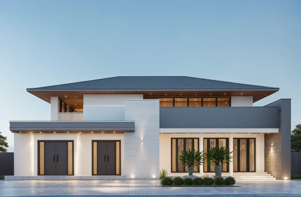 PLATFORM KTHOUSE, 1 morden villa, slope roof, main material of villa about build color wall:1.2 glass panel:1.1 and stone:1.2, 1large yard, 1 road runs in front of the house, (RAW photo, real, best quality, masterpiece:1.2), look morden minimalist, 1 road in front of the house, dynamic lighting:1.3, (hyper realistic, photo-realistic:1.2), high quality, (dark lighting:1.2), perfect lighting, archdaily, no human, light at 12 noon, light in door:1.2