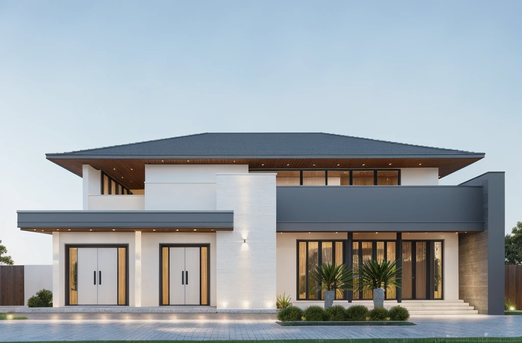 PLATFORM KTHOUSE, 1 morden villa, slope roof, main material of villa about build color wall:1.2 glass panel:1.1 and stone:1.2, 1large yard, 1 road runs in front of the house, (RAW photo, real, best quality, masterpiece:1.2), look morden minimalist, 1 road in front of the house, dynamic lighting:1.3, (hyper realistic, photo-realistic:1.2), high quality, (dark lighting:1.2), perfect lighting, archdaily, no human, light at 12 noon, light in door:1.2