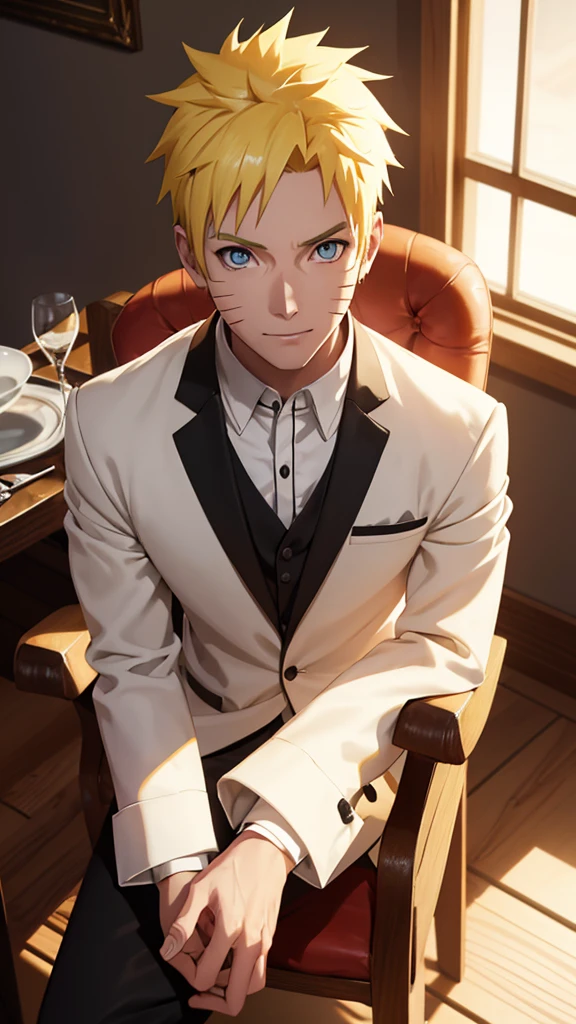 Top Half body, (masterpiece, best quality:1.2), solo, 1boy, Naruto Uzumaki, Naruto, yellow hair, looking at viewer, official art, extremely detailed CG unity 8k wallpaper, perfect lighting, (masterpiece:1.0),(best_quality:1.0), ultra high res,4K,ultra-detailed, photography, 8K, HDR, highres, absurdres:1.2, bokeh:1.2, lens flare, (vibrant_color:1.2), white Tuxedo suit, Groom suit, full body, Gala dinner, sitting on the chair, lively, happiness, smiling, smart posture