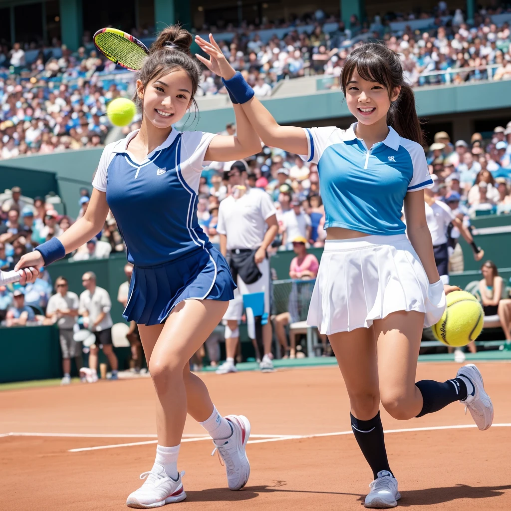Create an original "yuru-chara" mascot character inspired by a cute athlete. The character should be a small, round figure dressed in a colorful sports uniform. It has big, enthusiastic eyes and a wide, confident smile. The athlete is holding a tiny sports equipment (e.g., a soccer ball, a basketball, a tennis racket). The character exudes a spirited and energetic personality, making it perfect for a sports event or team mascot. The background should be a simple sports field or stadium setting.