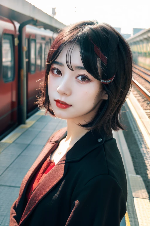 Mikasa,19 year old young woman , Best quality, High resolution, Short hair, Black eyes, look at the viewer, wearing a red shirt , railway ,beauty, Highest quality , high resolution