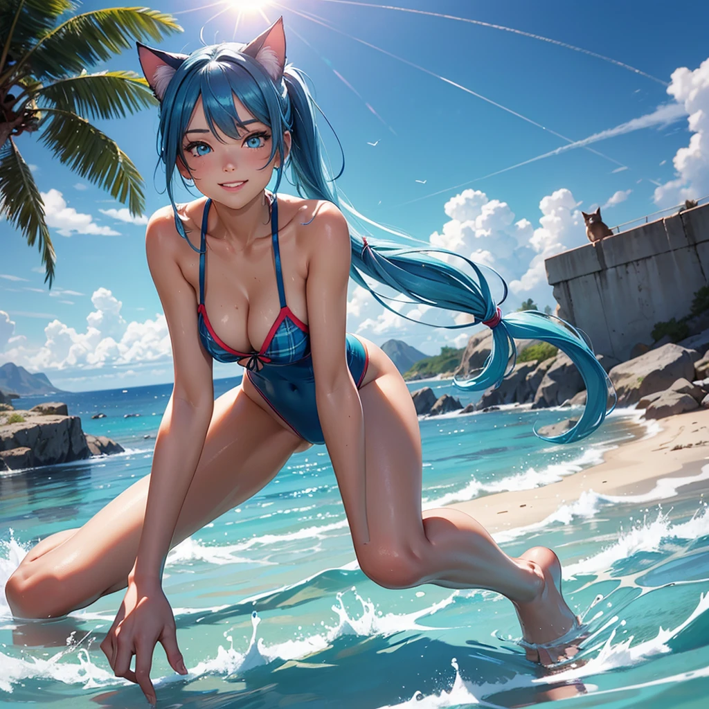 (high resolution, full body, soft skin:1.2),(best illustration,masterpiece:1.2),ultra-detailed,[(cat ears , aqua blue inside:1.2, blue twin tail hair, aqua blue eyes, cat eyes, tan skin),vivid colors,sharp focus, sun lighting,bokeh, wearing a red plaid swimsuit, smiling,  